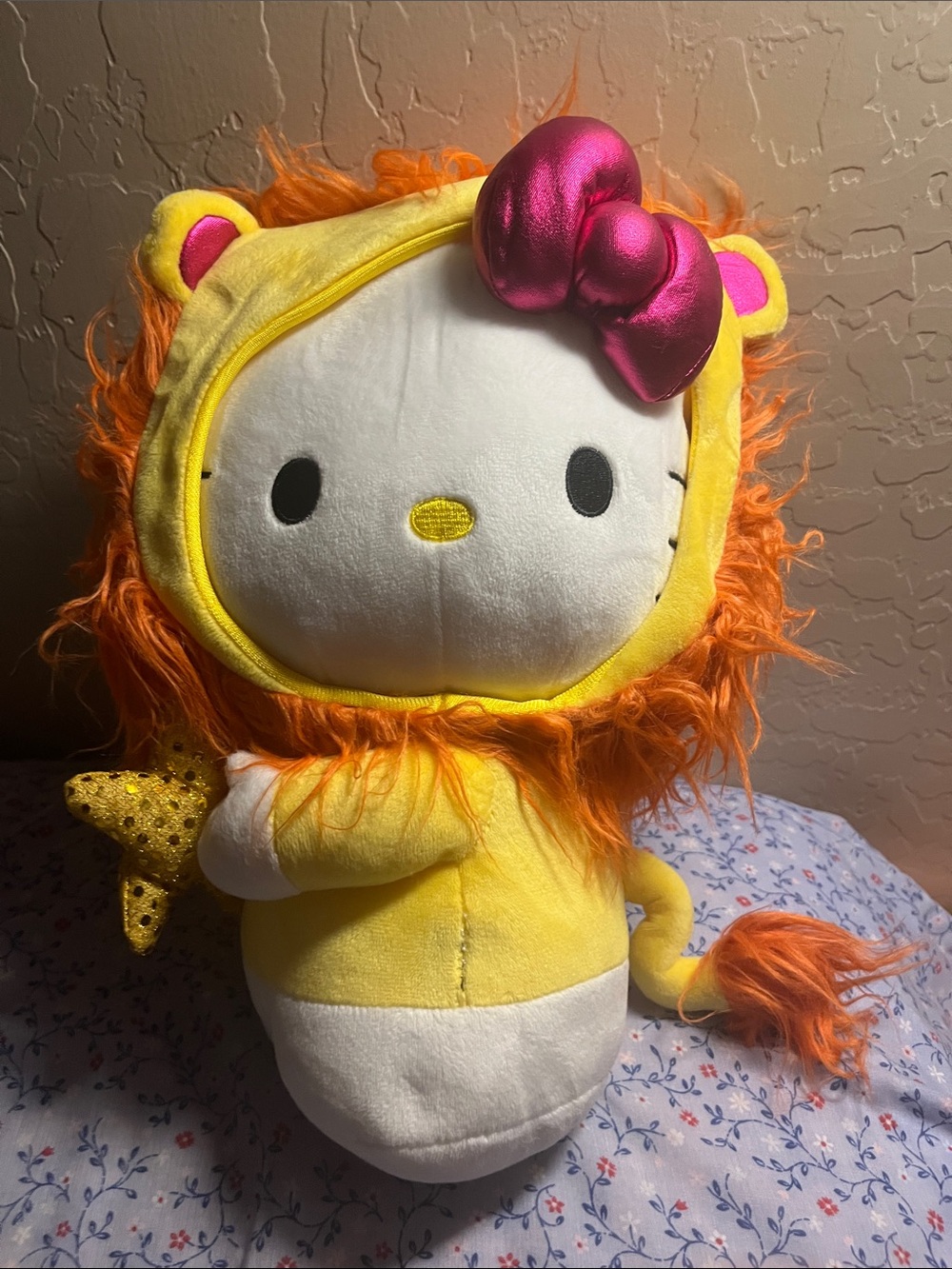 Sanrio Hello Kitty Plush in Yellow Lion Outfit Costume with Metallic Pink Bow